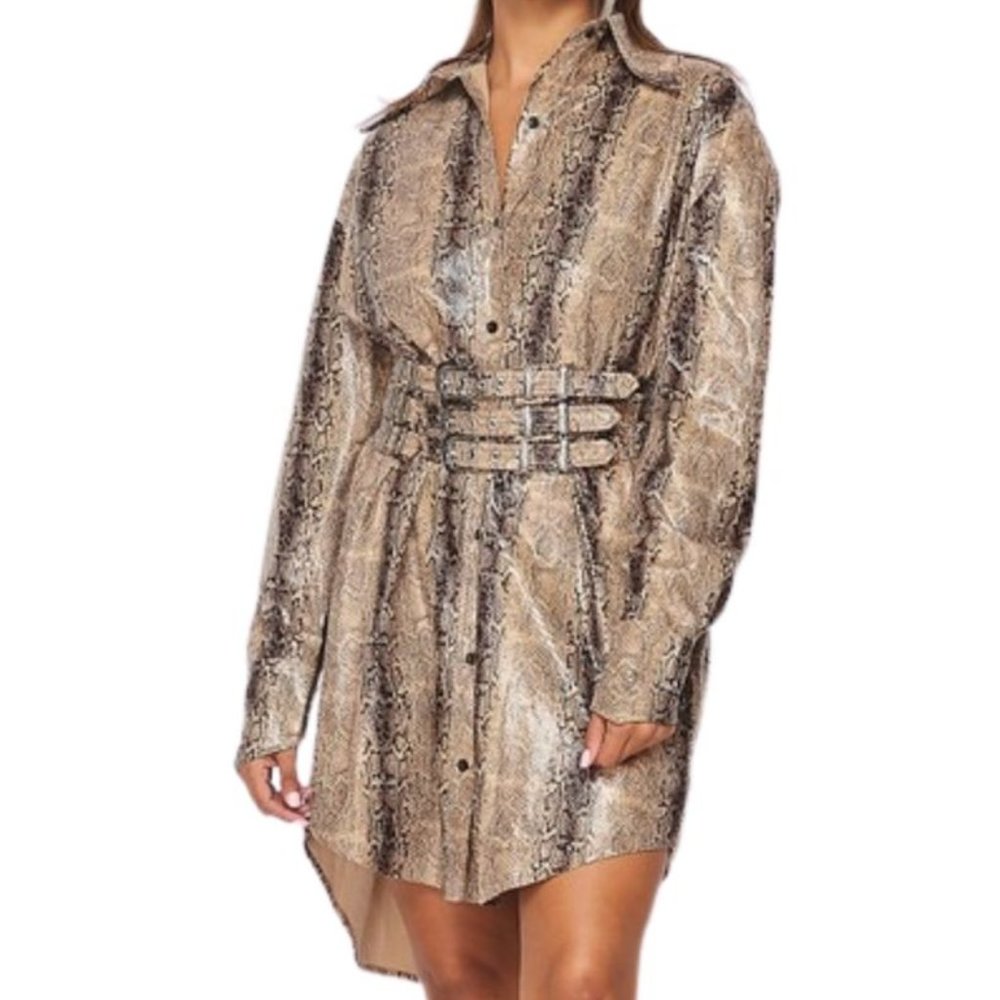 Sneak Up On You Faux Leather Snakeskin Shirt Dress